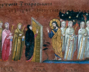 La parábola de las diez vírgenes, detalle de la miniatura del Codex Purpureus Rossanensis, evangelistas griegos en miniatura probablemente de Antioquía de Siria o de Cesarea Palestina y conservado en el Museo Diocesano de Rossano